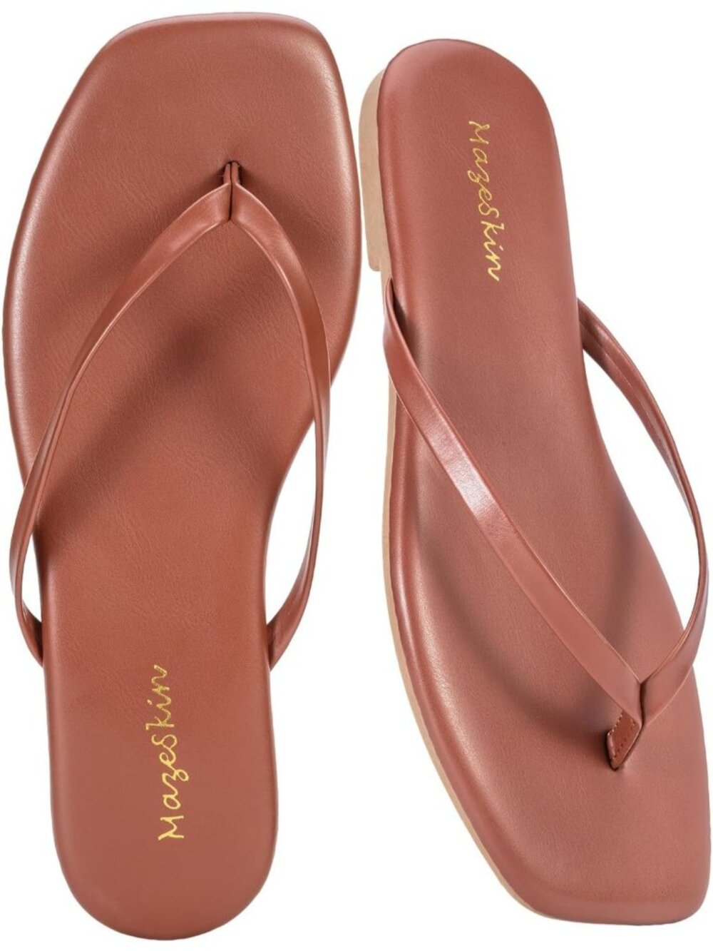 Women Light Brown Cushioned Square Toe Flat Memory Foam Thong Flip Flops Sandal